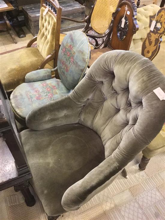 Victorian button-back chair, another similar & a round back chair